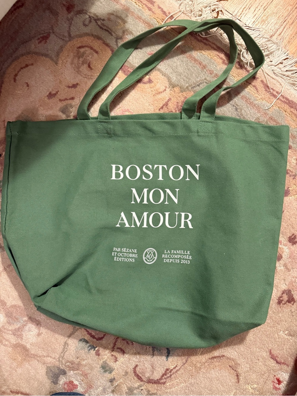 Sezane Green Canvas Tote with Boston Mon Amour Print